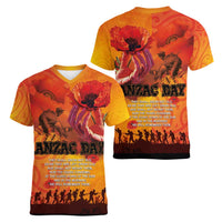 Australia and New Zealand ANZAC Day Women V-Neck T-Shirt Soldiers Memories - Red Poppies with Aboriginal and Maori Art