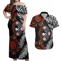 Australia and New Zealand Together Couples Matching Off Shoulder Maxi Dress and Hawaiian Shirt Aboriginal and Maori Art Tattoo