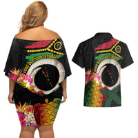 Vanuatu Selebretem 44th Indipendens Dei Couples Matching Off Shoulder Short Dress and Hawaiian Shirt Sand Drawing Turtle Melanesian Vibes