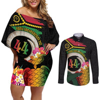 Vanuatu Selebretem 44th Indipendens Dei Couples Matching Off Shoulder Short Dress and Long Sleeve Button Shirt Sand Drawing Turtle Melanesian Vibes LT03 Black - Polynesian Pride