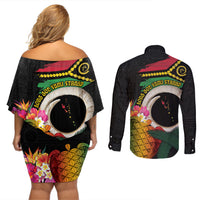 Vanuatu Selebretem 44th Indipendens Dei Couples Matching Off Shoulder Short Dress and Long Sleeve Button Shirt Sand Drawing Turtle Melanesian Vibes