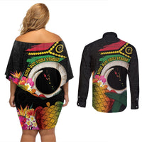 Vanuatu Selebretem 44th Indipendens Dei Couples Matching Off Shoulder Short Dress and Long Sleeve Button Shirt Sand Drawing Turtle Melanesian Vibes LT03 - Polynesian Pride