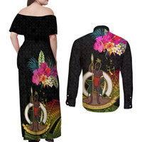 Vanuatu Ni-Van Couples Matching Off Shoulder Maxi Dress and Long Sleeve Button Shirt Coat of Arms Sand Drawing