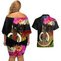 Vanuatu Ni-Van Couples Matching Off Shoulder Short Dress and Hawaiian Shirt Coat of Arms Sand Drawing