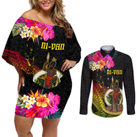 Vanuatu Ni-Van Couples Matching Off Shoulder Short Dress and Long Sleeve Button Shirt Coat of Arms Sand Drawing