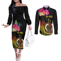 Vanuatu Ni-Van Couples Matching Off The Shoulder Long Sleeve Dress and Long Sleeve Button Shirt Coat of Arms Sand Drawing