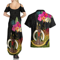 Vanuatu Ni-Van Couples Matching Summer Maxi Dress and Hawaiian Shirt Coat of Arms Sand Drawing