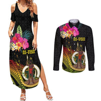 Vanuatu Ni-Van Couples Matching Summer Maxi Dress and Long Sleeve Button Shirt Coat of Arms Sand Drawing LT03 Black - Polynesian Pride