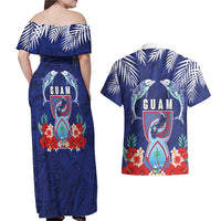 Guam Liberation Day Couples Matching Off Shoulder Maxi Dress and Hawaiian Shirt The Tribal Latte Stone and Dolphins with Hibiscus Chamorro Culture
