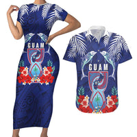 Guam Liberation Day Couples Matching Short Sleeve Bodycon Dress and Hawaiian Shirt The Tribal Latte Stone and Dolphins with Hibiscus Chamorro Culture