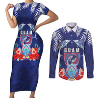 Guam Liberation Day Couples Matching Short Sleeve Bodycon Dress and Long Sleeve Button Shirt The Tribal Latte Stone and Dolphins with Hibiscus Chamorro Culture