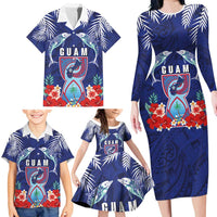 Guam Liberation Day Family Matching Long Sleeve Bodycon Dress and Hawaiian Shirt The Tribal Latte Stone and Dolphins with Hibiscus Chamorro Culture