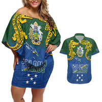 Solomon Islands Couples Matching Off Shoulder Short Dress and Hawaiian Shirt The Guardians-Tribal Crocodile and Shark Melanesian Tattoo