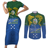 Solomon Islands Couples Matching Short Sleeve Bodycon Dress and Long Sleeve Button Shirt The Guardians-Tribal Crocodile and Shark Melanesian Tattoo