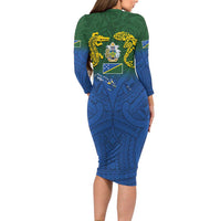 Solomon Islands Long Sleeve Bodycon Dress The Guardians-Tribal Crocodile and Shark Melanesian Tattoo