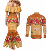 Hawaii Hibiscus Couples Matching Mermaid Dress and Long Sleeve Button Shirt Turtles and Tribal Motifs Vintage Floral Style
