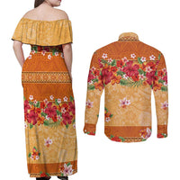 Hawaii Hibiscus Couples Matching Off Shoulder Maxi Dress and Long Sleeve Button Shirt Turtles and Tribal Motifs Vintage Floral Style