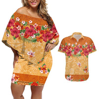 Hawaii Hibiscus Couples Matching Off Shoulder Short Dress and Hawaiian Shirt Turtles and Tribal Motifs Vintage Floral Style