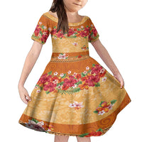 Hawaii Hibiscus Family Matching Off Shoulder Short Dress and Hawaiian Shirt Turtles and Tribal Motifs Vintage Floral Style LT03 Daughter's Dress Yellow - Polynesian Pride