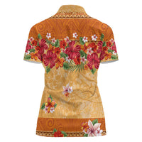 Hawaii Hibiscus Women Polo Shirt Turtles and Tribal Motifs Vintage Floral Style