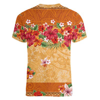 Hawaii Hibiscus Women V-Neck T-Shirt Turtles and Tribal Motifs Vintage Floral Style