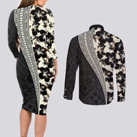 Bula Hibiscus Festival Couples Matching Long Sleeve Bodycon Dress and Long Sleeve Button Shirt Tapa Pattern Half Style