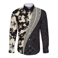 Bula Hibiscus Festival Long Sleeve Button Shirt Tapa Pattern Half Style LT03 Unisex Beige - Polynesian Pride