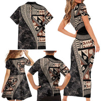 Bula Hibiscus Festival Family Matching Short Sleeve Bodycon Dress and Hawaiian Shirt Fijian Masi Pattern Half Style