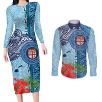 Fiji Day Couples Matching Long Sleeve Bodycon Dress and Long Sleeve Button Shirt Tapa Pattern and Hibiscus Flower