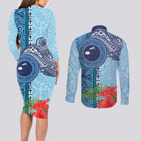 Fiji Day Couples Matching Long Sleeve Bodycon Dress and Long Sleeve Button Shirt Tapa Pattern and Hibiscus Flower