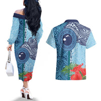 Fiji Day Couples Matching Off The Shoulder Long Sleeve Dress and Hawaiian Shirt Tapa Pattern and Hibiscus Flower