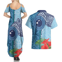 Fiji Day Couples Matching Summer Maxi Dress and Hawaiian Shirt Tapa Pattern and Hibiscus Flower