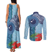 Fiji Day Couples Matching Tank Maxi Dress and Long Sleeve Button Shirt Tapa Pattern and Hibiscus Flower