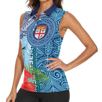 Fiji Day Women Sleeveless Polo Shirt Tapa Pattern and Hibiscus Flower