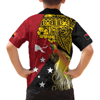 Papua New Guinea Independence Day Family Matching Off The Shoulder Long Sleeve Dress and Hawaiian Shirt Bird-of-Paradise with Map and Polynesian Pattern