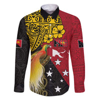 Papua New Guinea Independence Day Family Matching Off The Shoulder Long Sleeve Dress and Hawaiian Shirt Bird-of-Paradise with Map and Polynesian Pattern