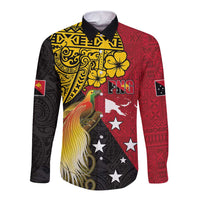Papua New Guinea Independence Day Long Sleeve Button Shirt Bird-of-Paradise with Map and Polynesian Pattern LT03 Unisex Black - Polynesian Pride