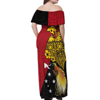 Papua New Guinea Independence Day Off Shoulder Maxi Dress Bird-of-Paradise with Map and Polynesian Pattern LT03 - Polynesian Pride