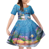 Aloha Hawaiian Monk Seal Family Matching Off The Shoulder Long Sleeve Dress and Hawaiian Shirt Polynesian Tattoo The Ocean and Undersea Vibe LT03 Daughter's Dress Blue - Polynesian Pride