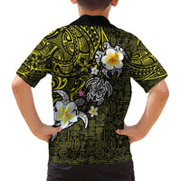 Hawaiian Turtle and Plumeria Family Matching Summer Maxi Dress and Hawaiian Shirt Polynesian Tattoo and Tribal Elements Pattern Yellow Color LT03 - Polynesian Pride