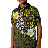 Hawaiian Turtle and Plumeria Kid Polo Shirt Polynesian Tattoo and Tribal Elements Pattern Yellow Color