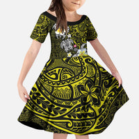 Hawaiian Turtle and Plumeria Kid Short Sleeve Dress Polynesian Tattoo and Tribal Elements Pattern Yellow Color