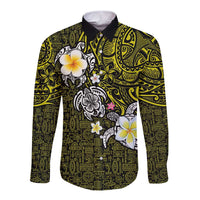 Hawaiian Turtle and Plumeria Long Sleeve Button Shirt Polynesian Tattoo and Tribal Elements Pattern Yellow Color LT03 Unisex Yellow - Polynesian Pride