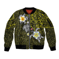 Hawaiian Turtle and Plumeria Sleeve Zip Bomber Jacket Polynesian Tattoo and Tribal Elements Pattern Yellow Color