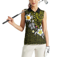 Hawaiian Turtle and Plumeria Women Sleeveless Polo Shirt Polynesian Tattoo and Tribal Elements Pattern Yellow Color