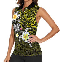 Hawaiian Turtle and Plumeria Women Sleeveless Polo Shirt Polynesian Tattoo and Tribal Elements Pattern Yellow Color