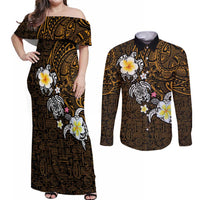 Hawaiian Turtle and Plumeria Couples Matching Off Shoulder Maxi Dress and Long Sleeve Button Shirt Polynesian Tattoo and Tribal Elements Pattern Orange Color