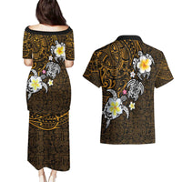 Hawaiian Turtle and Plumeria Couples Matching Puletasi and Hawaiian Shirt Polynesian Tattoo and Tribal Elements Pattern Orange Color