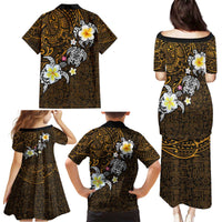 Hawaiian Turtle and Plumeria Family Matching Puletasi and Hawaiian Shirt Polynesian Tattoo and Tribal Elements Pattern Orange Color