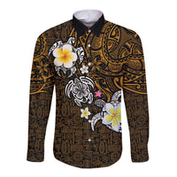 Hawaiian Turtle and Plumeria Long Sleeve Button Shirt Polynesian Tattoo and Tribal Elements Pattern Orange Color LT03 Unisex Orange - Polynesian Pride
